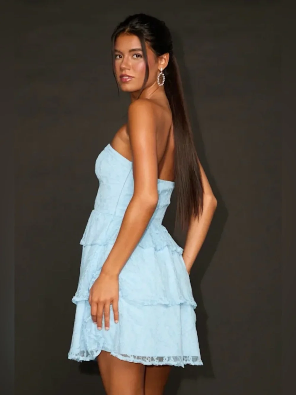 NWT Lulus Strapless Light Blue Lace Tiered Mini Dress XL - Picture 3 of 10